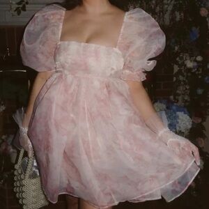 Selkie Dress Puff Sleeve Organza Mini Babydoll in Pink Floral